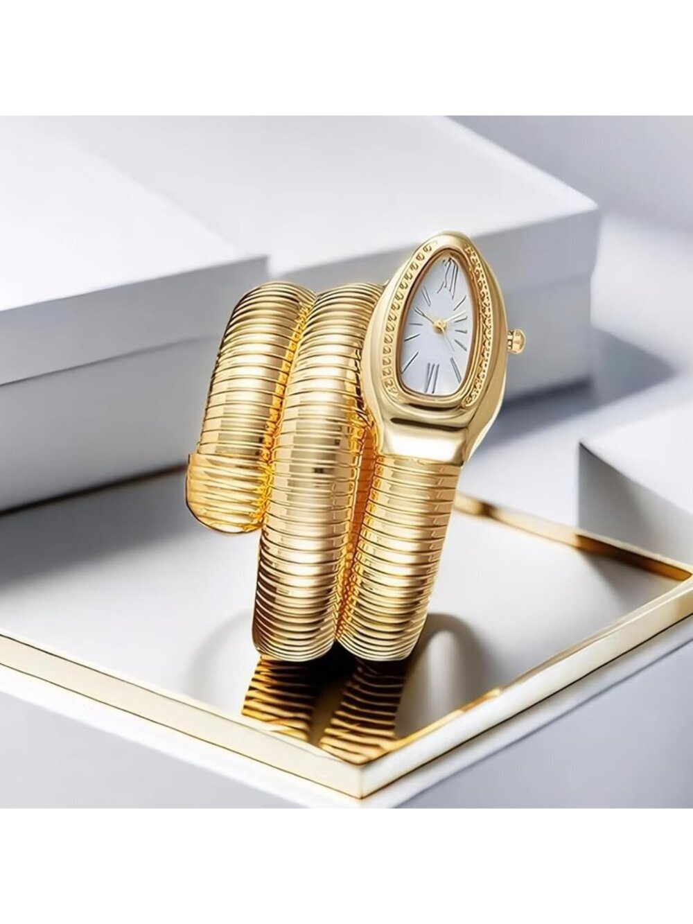 Women's White Analog Quartz Asymmetrical Snake Shape Bangle Fit Bracelet Watch